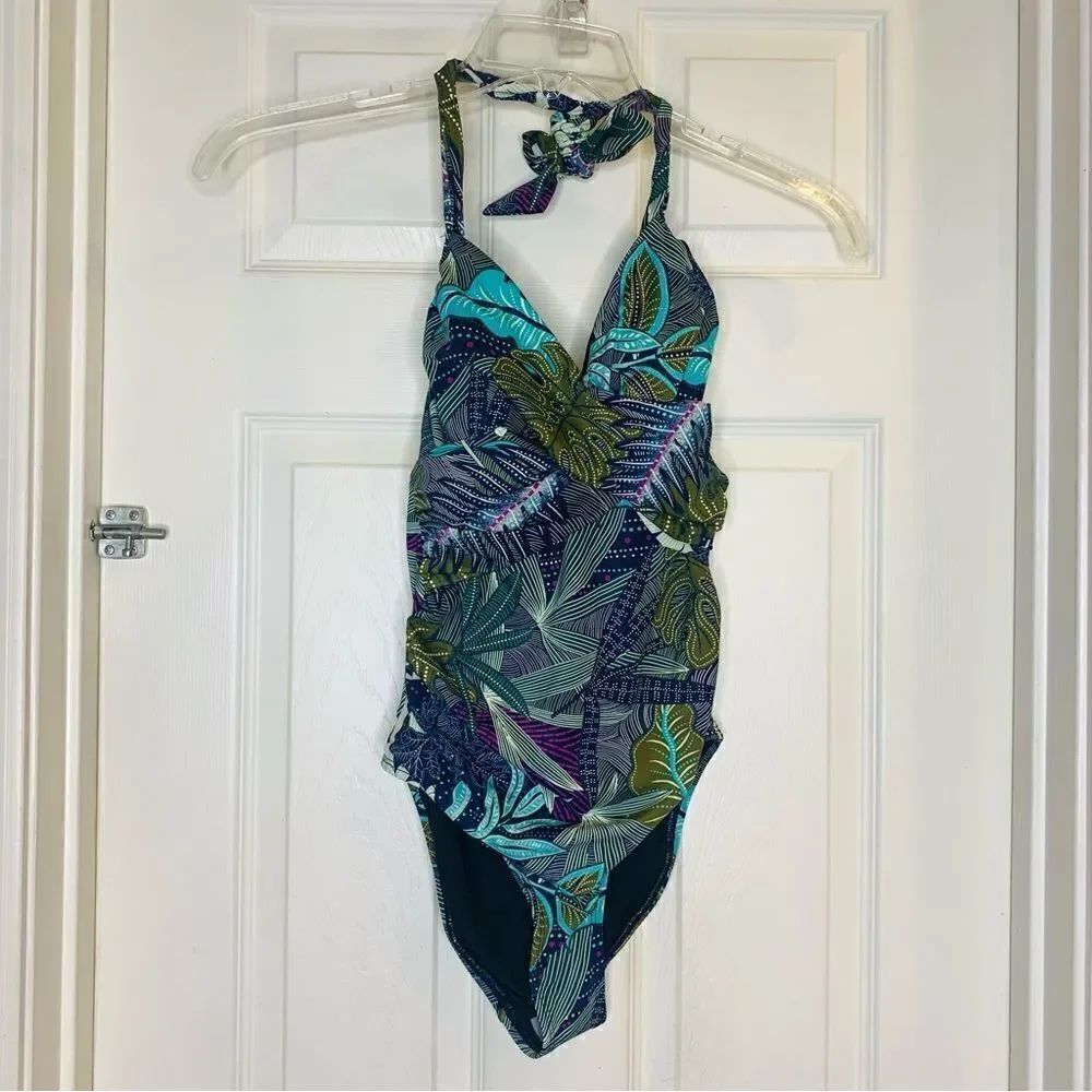 Coastal Blue Tropical Print One Piece Swimsuit Size XS